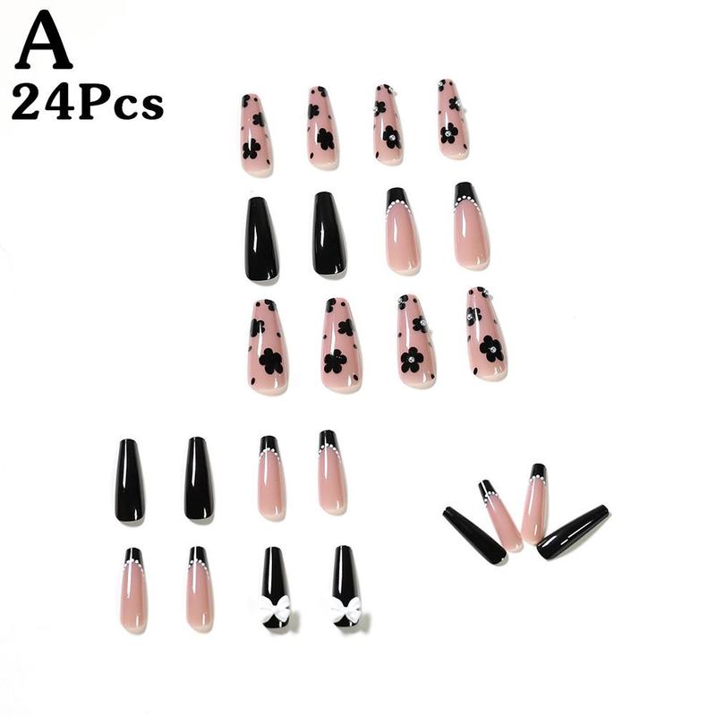 /set Press On Nails French Nail Ballet False Nails Long Flower Bow Nail