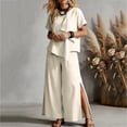 thumbnail image 6 of Women Linen Sets 2 Piece Outfits Short Sleeve Asymmetrical Shirt Split Wide Leg Pants 2026 Summer Trendy Boho Pant Suits,Beige L, 6 of 8
