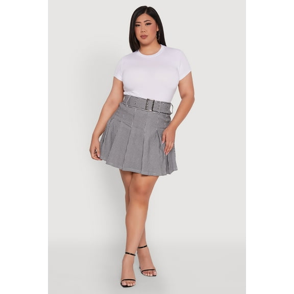 Womens Plus Size High Waist Mini Pleated Skirt with Belt
