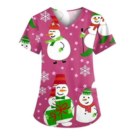 

jsaierl Womens Christmas Scrub Tops V-Neck Short Sleeve Snowflake Graphic Top Working T Shirts Nurse Uniform Holiday Casual Blouse Tees with Pockets