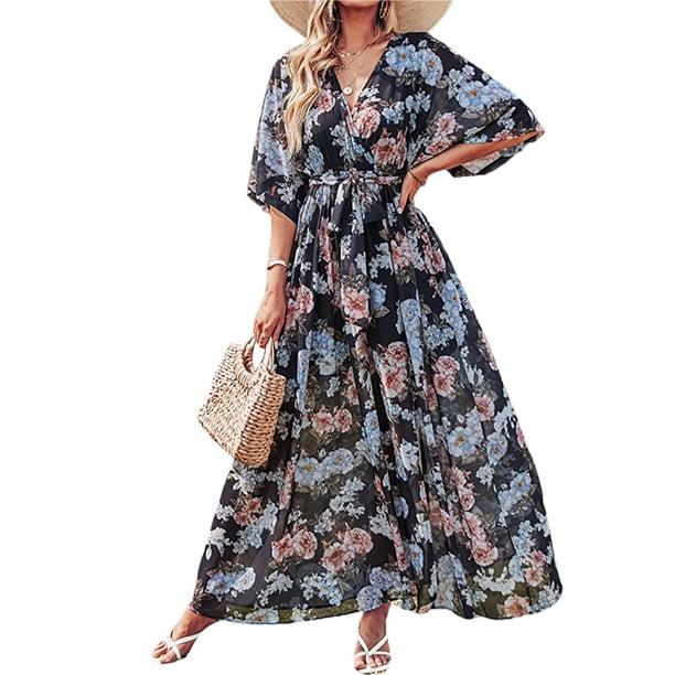 SAYOO Vestido de playa de impresión de Flores femeninas de verano Bohemia lado del vestido de Bohemia 3/4 manga elegante envuelto v collar SAYOO moda