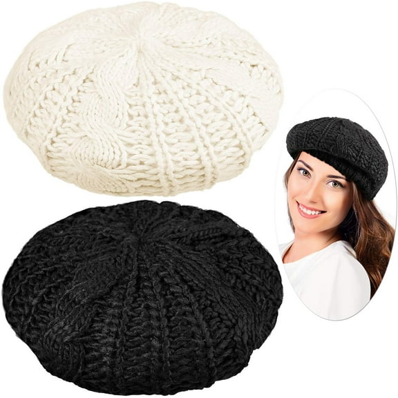 2 Pcs Women Crochet Beret Solid Color Knit Beanie Hats Lightweight Ladies Slouchy French Beret Hats (Black, Beige)