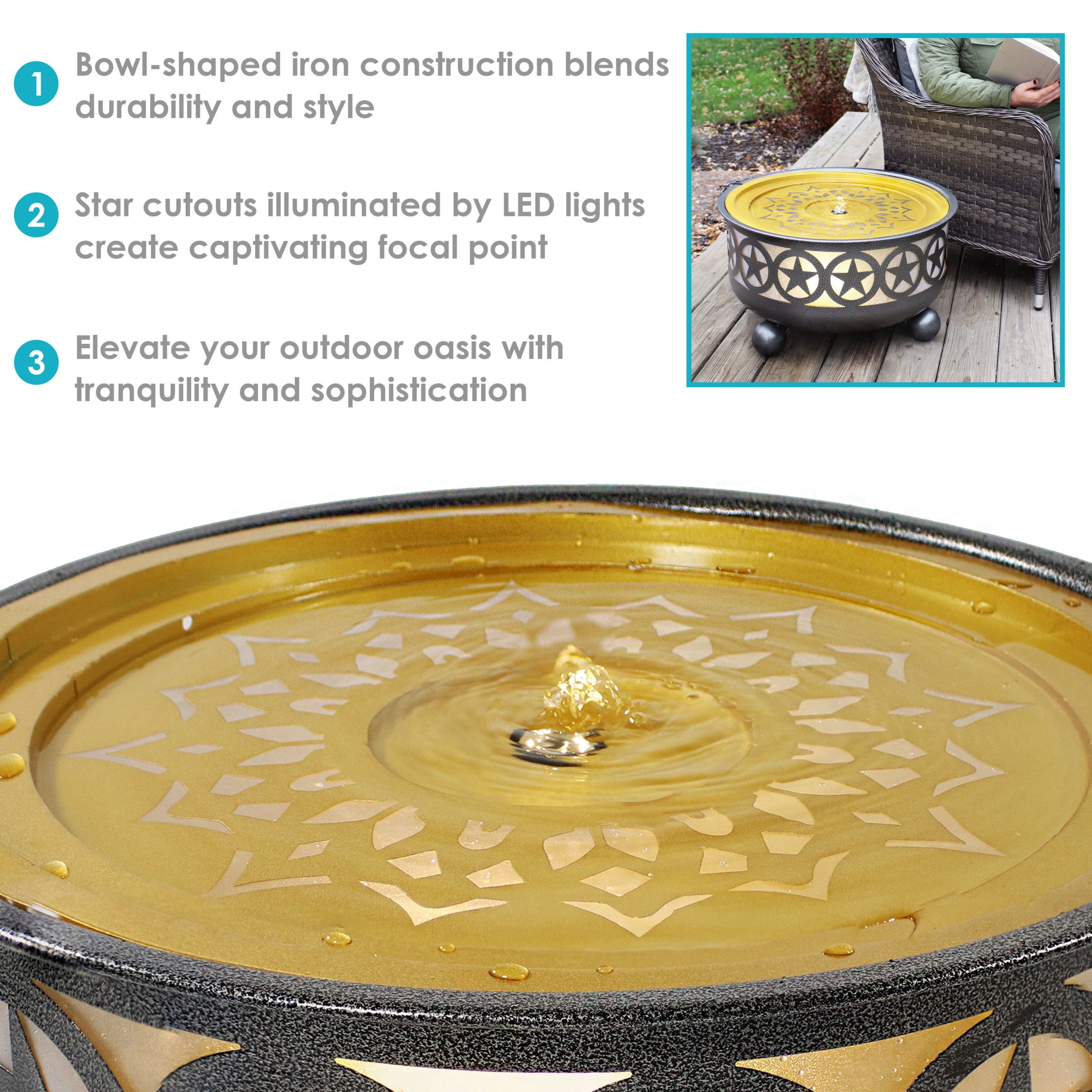 Sunnydaze All Star Bowl Galvanized Iron Outdoor Water Fountain with Light