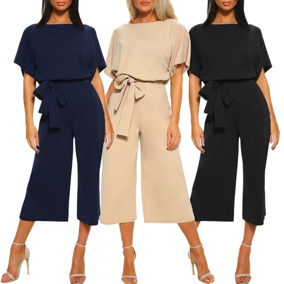 ZHOGXU Women's Summer Romper Short Sleeve Crew Neck Solid Color Lace Up Wide Leg Comfortable Elegant Jumpsuits For Casual Daily Wear,Black,L