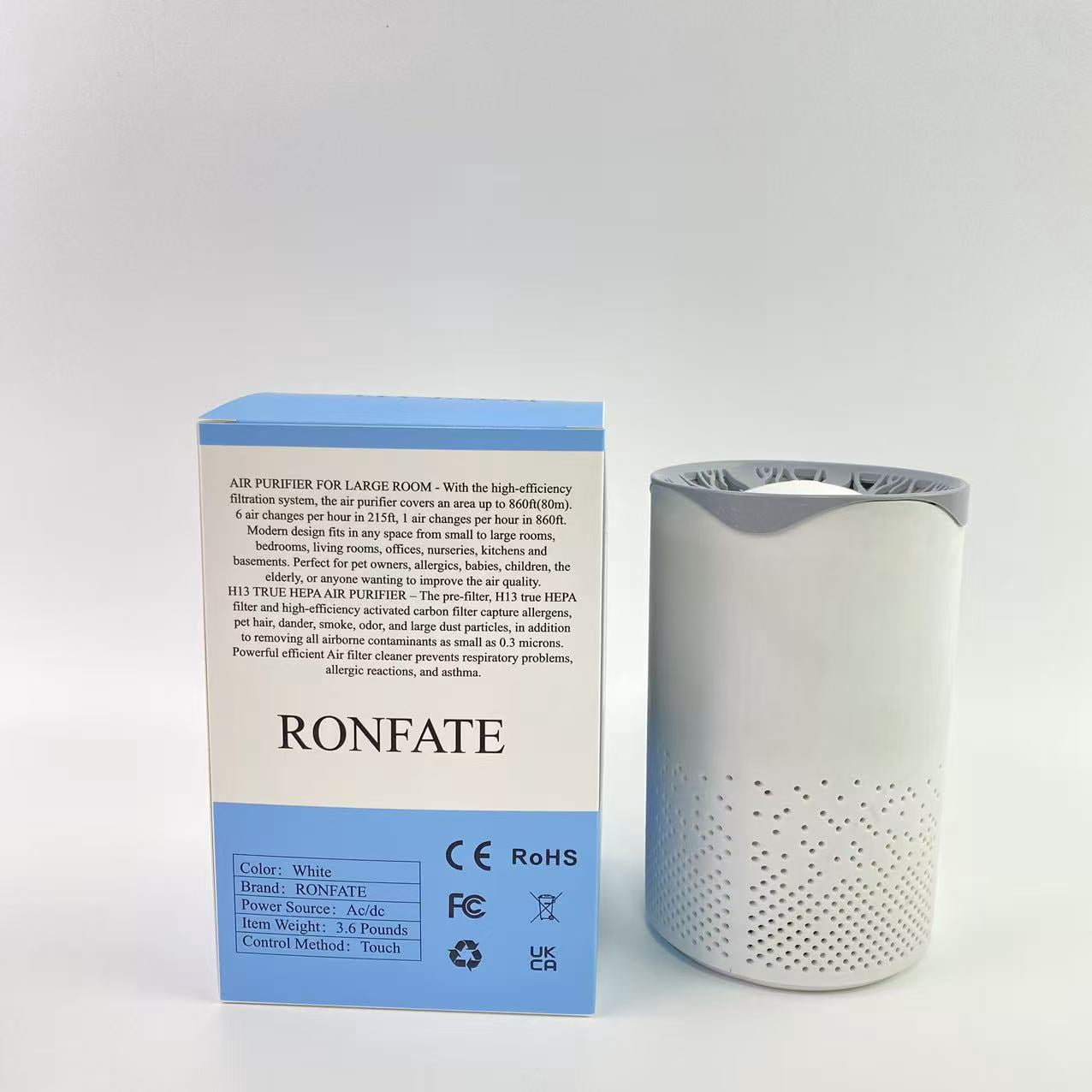 RONFATE Air purifiers, Home air purifier with H13 True HEPA filter, 3-speed compact air purifier, timer, white