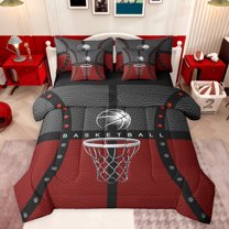 jejeloiu Basketball Game Gaming 7pcs Bedding Comforter Set,Ball Sport Theme Queen Bedding Sets,Red Gray Queen Sheet Sets For Men Women,Super Cozy Room Decor Reversible
