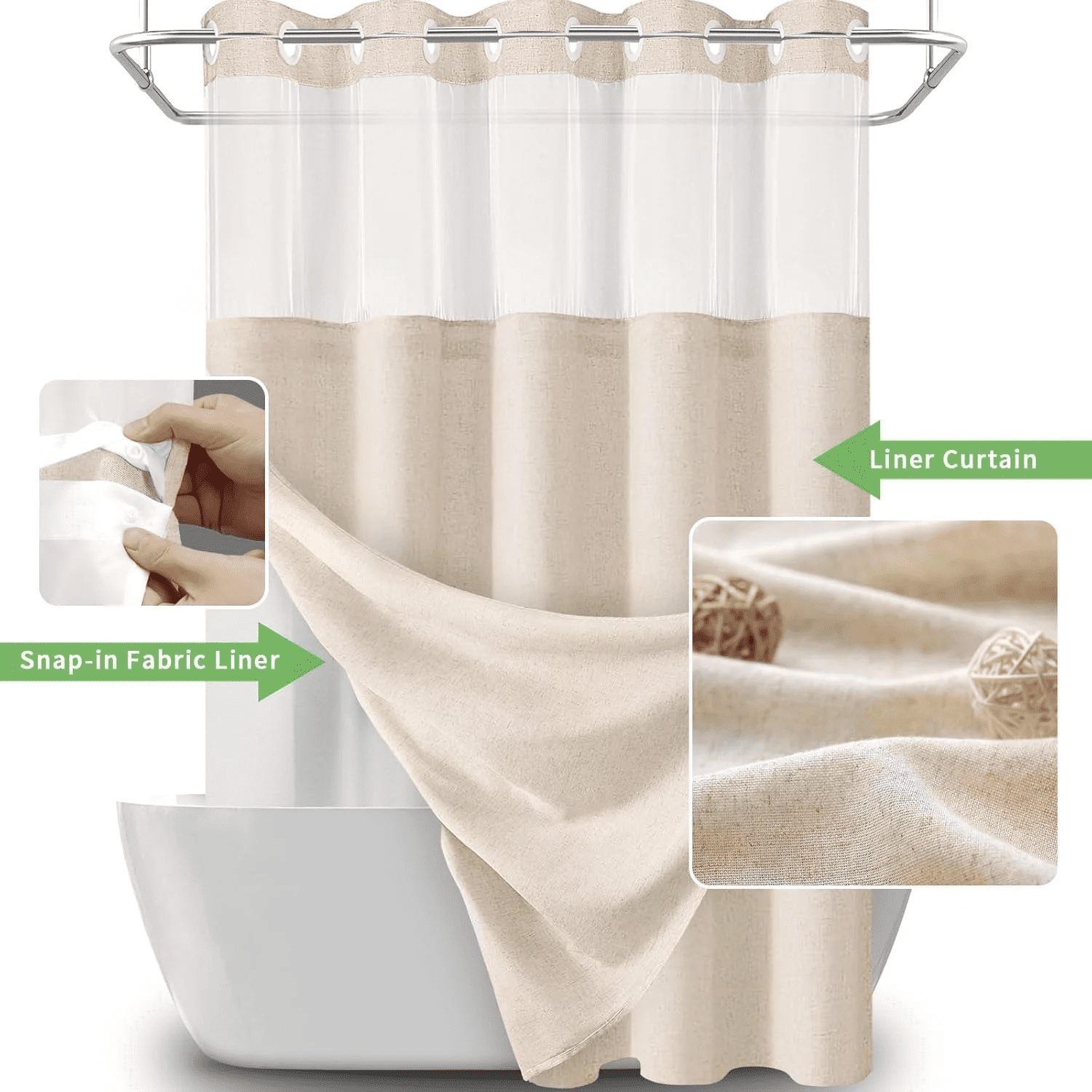 Psoiuetr Beige Linen Shower Curtain No Hook with Snap-in Fabric Liner Hotel Shower Curtain with See Through Top Window 72" W x 75" L