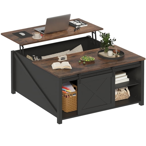 Lift Top Coffee Table with Storage, Square Wood Coffee Tables with Large Hidden Storage Compartment and Adjustable Shelves, Multi-Function Farmhouse Coffee Table for Living Room