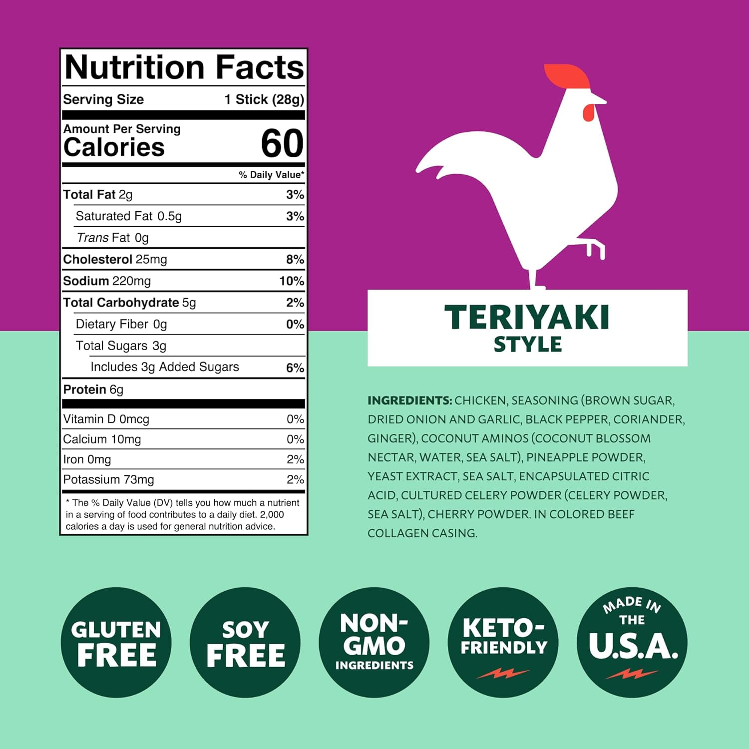 Mighty Spark Chicken Sticks Savory Teriyaki - Healthy Snacks for Kids & Adults, Gluten Free, Soy Free, Keto-Friendly, 12 count - Weight Watchers Approved