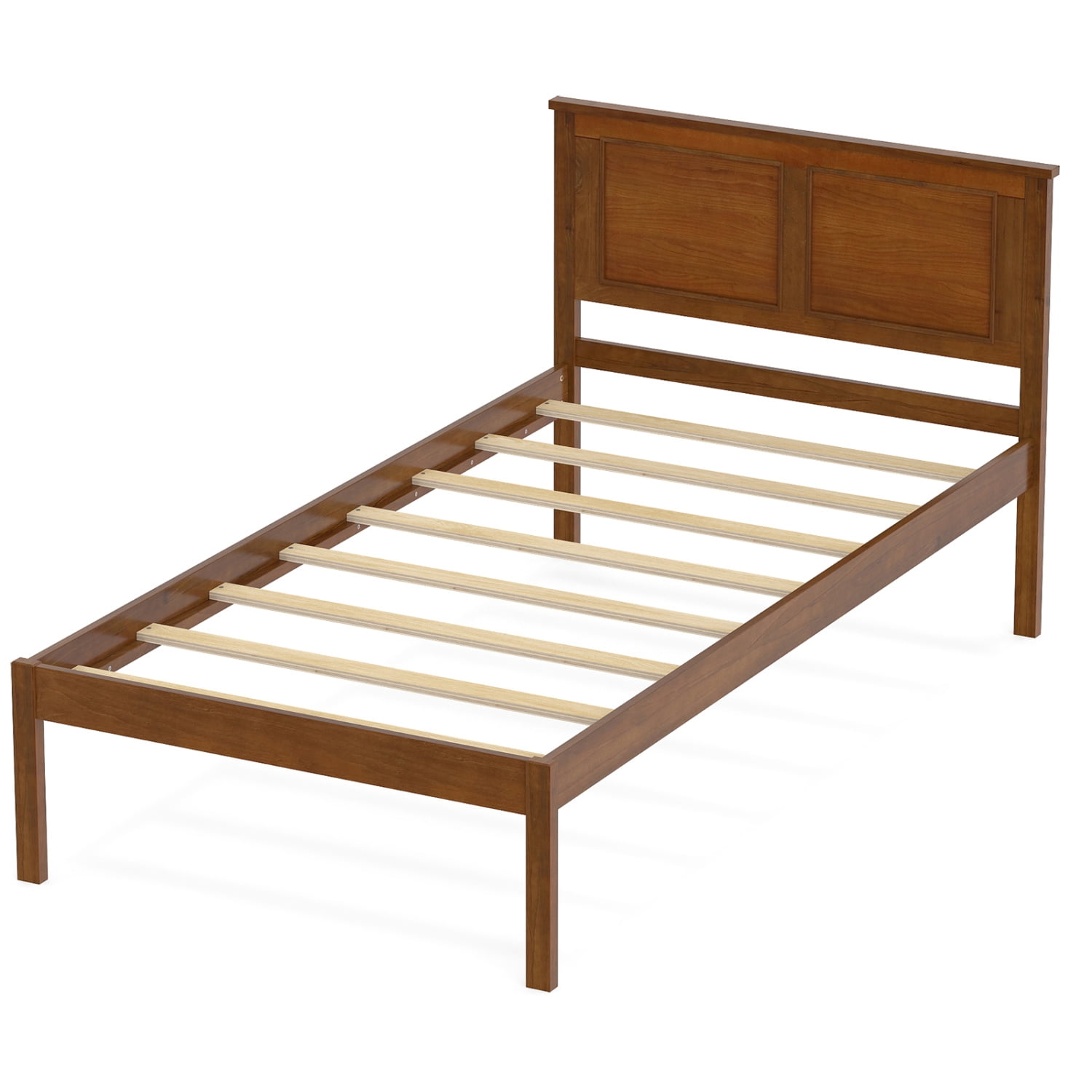 Furnibear Twin Size Wood Platform Bed Frame with Paneled Headboard and Plywood Slat Support for Farmhouse Bedroom, Walnut