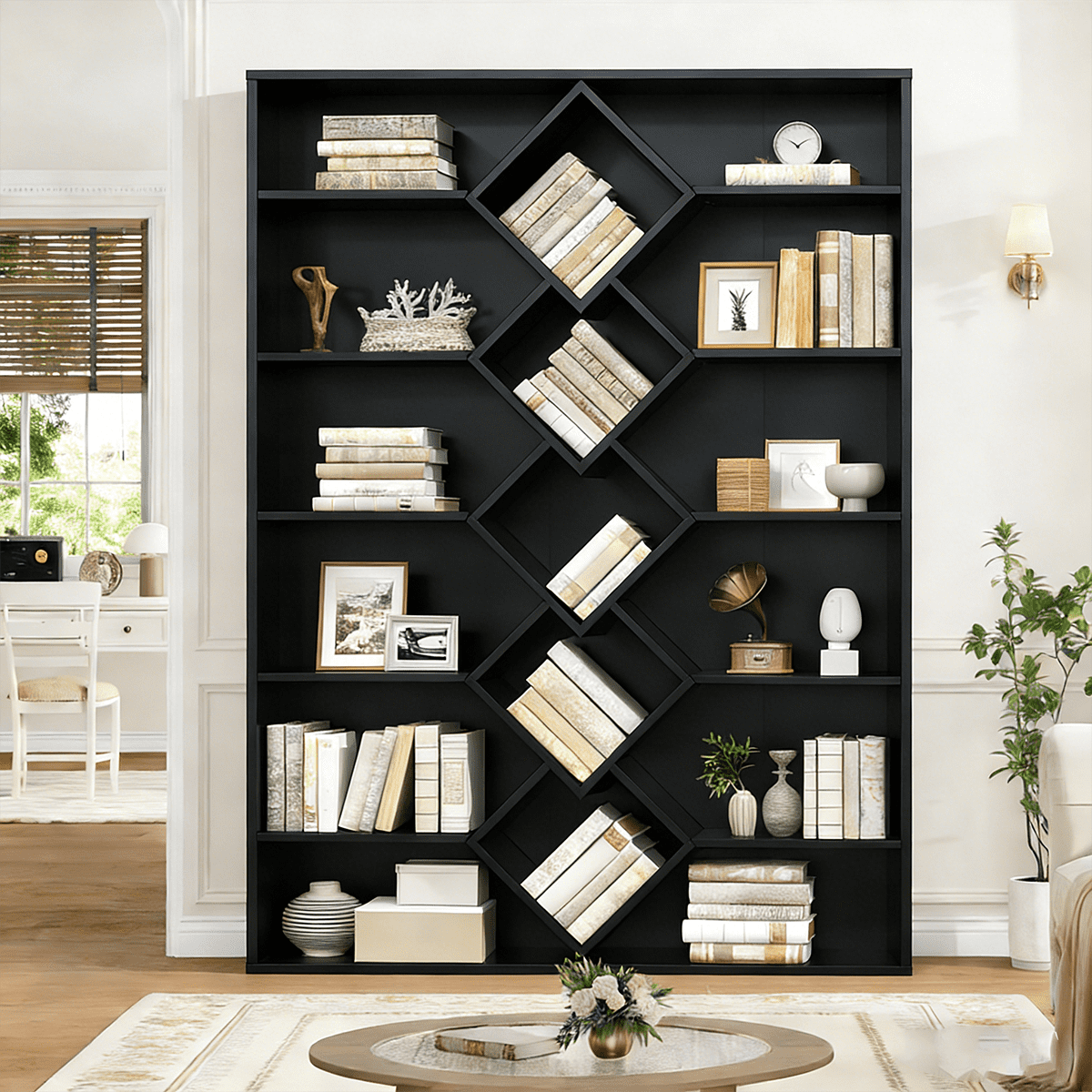 Frmobepts Triple Row 6-tier Bookshelf, 71 in Tall Bookshelf with 17 Open Display Shelves, Large Bookcase for Office Living Room, Black