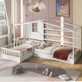 thumbnail image 2 of CoSoTower Wood House Bed Twin Size, 2 Twin Solid Bed L Structure with Fence and Slatted Frame （White), 2 of 9