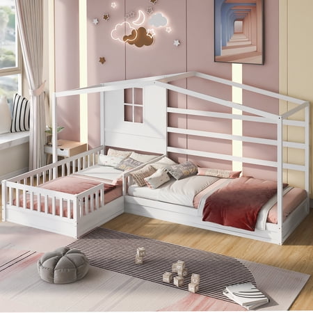 L-shaped Platform Bed Frame with Roof and Window  Solid Wood Canopy House Bed with Fence Guardrails and Slats Support for Kids Teens Bedroom  White  118.1  x 76.6  x 75.1