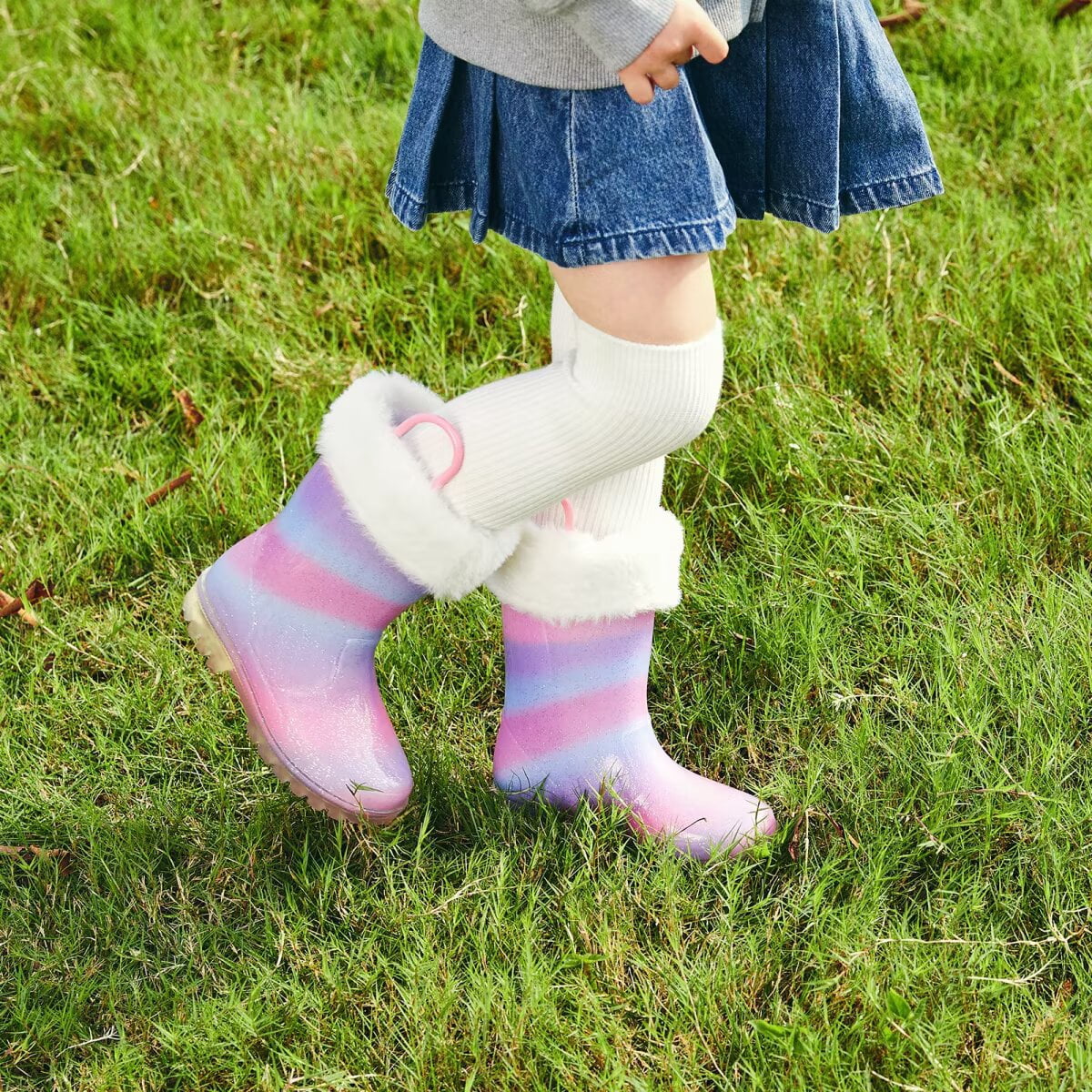 FUNCOO PLUS Girls Light Up Rain Boots Toddler Kids Warm Lined Winter Boots, Pink&purple, Big Kid Size 3