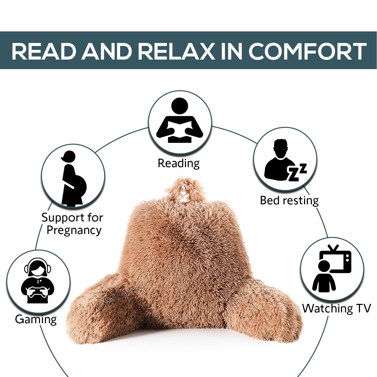 Cheer Collection Fluffy Reading Pillow - Long Shaggy Hair TV and Gaming Pillow with Armrest