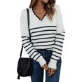 thumbnail image 3 of Suéter de Punto para Mujer, Informal, con Cuello en V, Estampado A Rayas, Holgado, de Larga S, 3 of 10