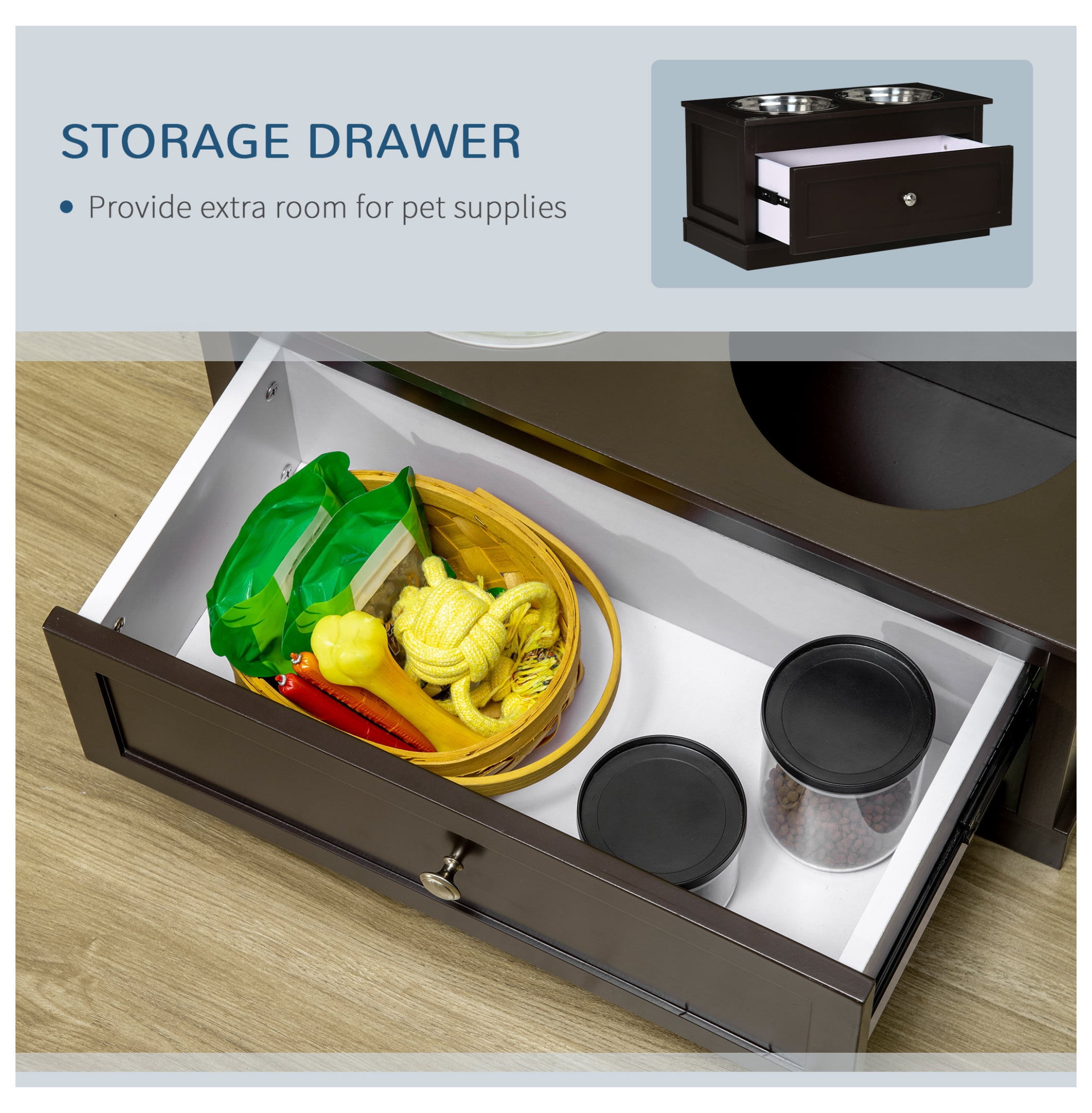 Large Elevated Dog Bowls with Storage, Raised Dog Feeder Stand, Stainless Steel Bowls, 11L Drawer, Pet Feeding Station for Large Dogs, Brown