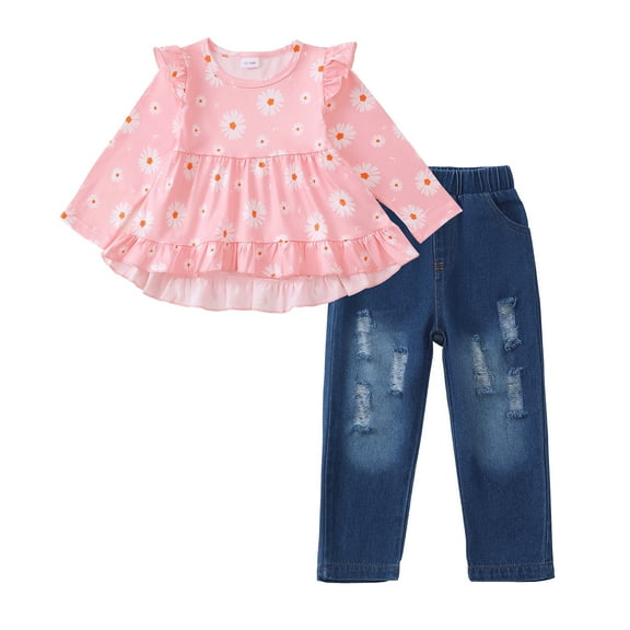 6 Months Baby Girls Clothes 12 Months Girls 2PCS Outfits Set Solid Color Infant Girls Long Sleeve Crew Neck Top Denim Pants Set Pink