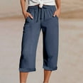thumbnail image 2 of Travel Outfits Women Airport Stylish Women's Casual Pants With Elastic Waist And Pockets For Daily Wear For Spring And Summer Activities Petite Pants Women Casual Cropped Linen Warm up Navy M, 2 of 6