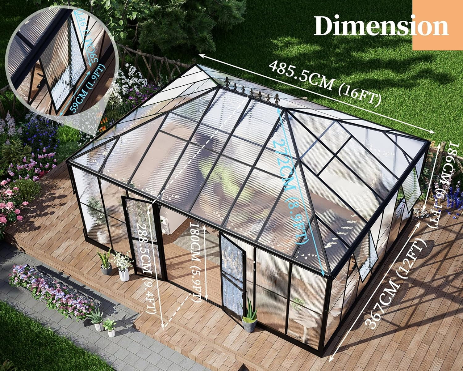 Jocisland 16x12x9.5 ft Polycarbonate Walk-in Greenhouse - 6 ft Wall Height Outdoor Aluminum Greenhouses with 2 Vent Windows, for Backyard Garden