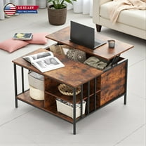 Hassch Farmhouse Lift-Top Coffee Table with Hidden Storage and Open Shelves, 31.5" Square Wood Coffee Table with Metal Frame for Living Room, Dark Walnut & Black