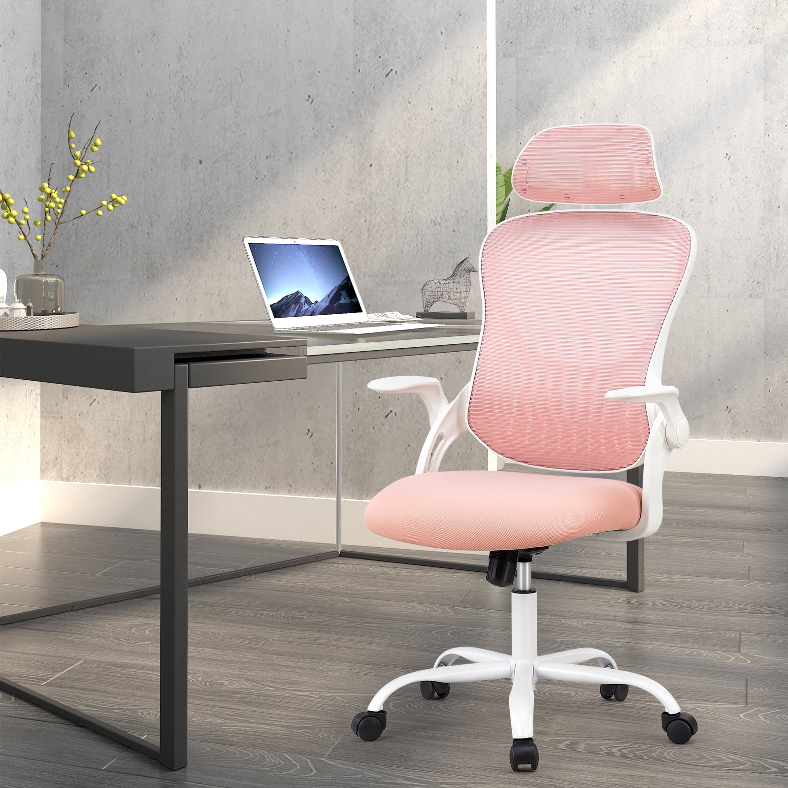 CONCETTA Office Computer Desk Chair, Ergonomic High-Back Mesh Chairs with Wheels and Adjustable Headrests, Pink