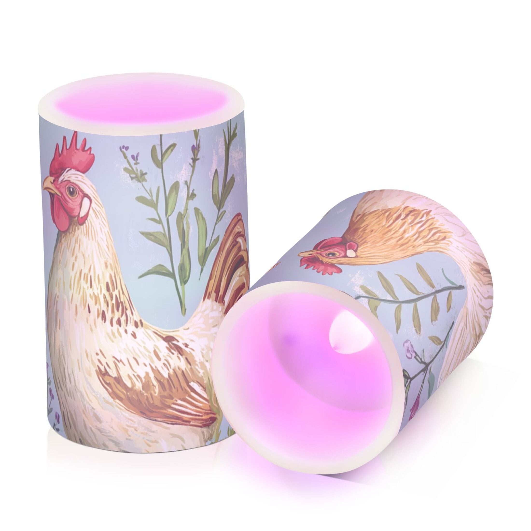 Two Chickens on Meadow Florals Flickering Flameless Candles LED Tealight Battery Operated with Remote Set of 2 Holiday Decor Ornaments