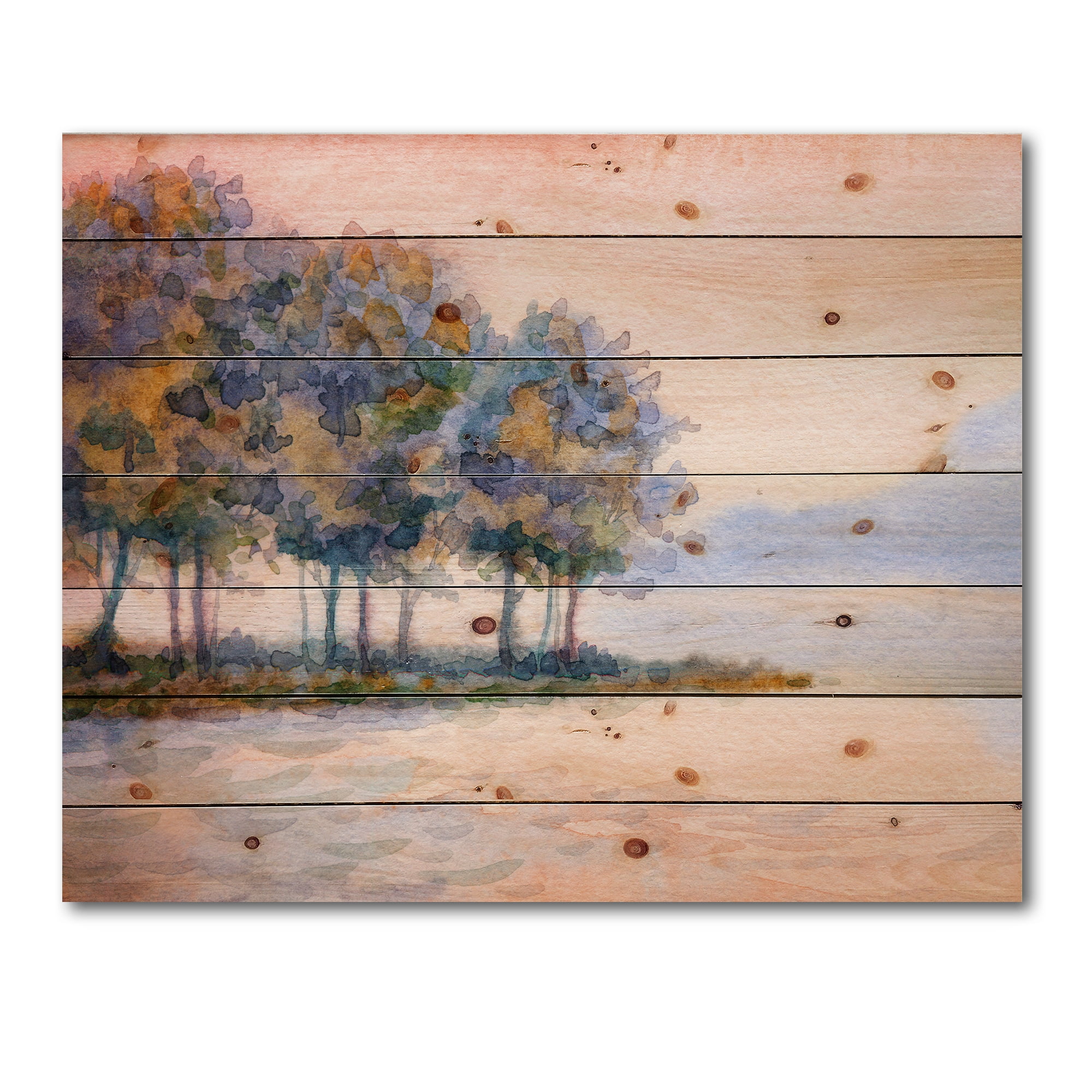 Designart 'The Rural Lake In Sunset Evening II' Traditional Print on Natural Pine Wood