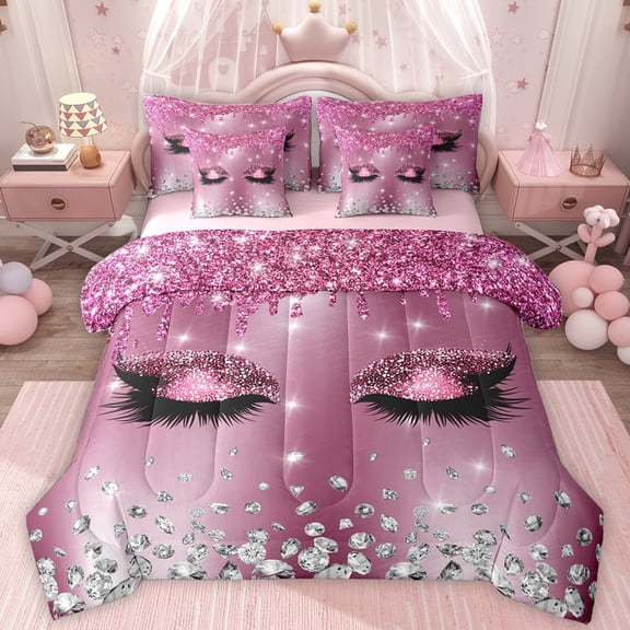 Homewish Girly Elegant Eyelash Twin Bedding Sets 7-Piece for Female Men Adults,Bling Glitter Bedding Comforter Set Microfiber,Sparkling Crystal Breathable Sheet Sets,Breathable Home Decor,Reversible
