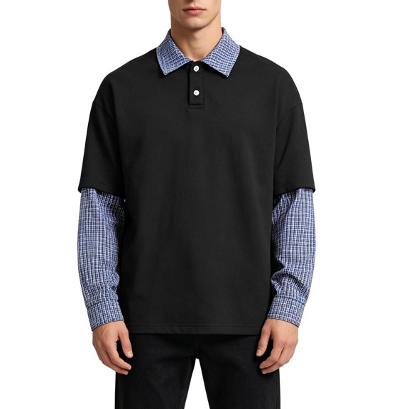 TOUMENY Men's Plaid Shirts Casual Button Down Long Sleeve Oversized Tops Lightweight Fashion Solid Lapel Collar Pullover Tee Black XXXXXL