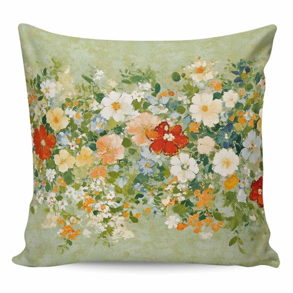 Throw Pillow Covers 16x16 Inch, Summer Wildflowers Decorative Pillow Cases for Couch Sofa Bed, Pastoral Oil Painted Retro Art Cotton Linen Square Home Decor Pillowcases with Hidden Zipper