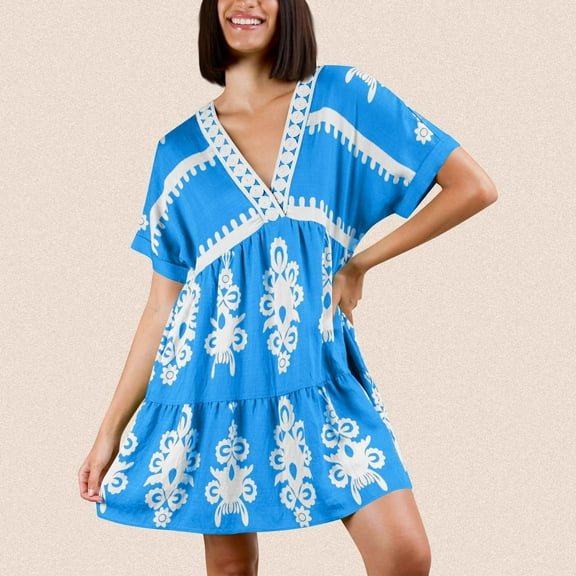 Njagoc3 Womens Embroidered Mini Dress, Short Sleeves for Summer Garden & Daily Wear