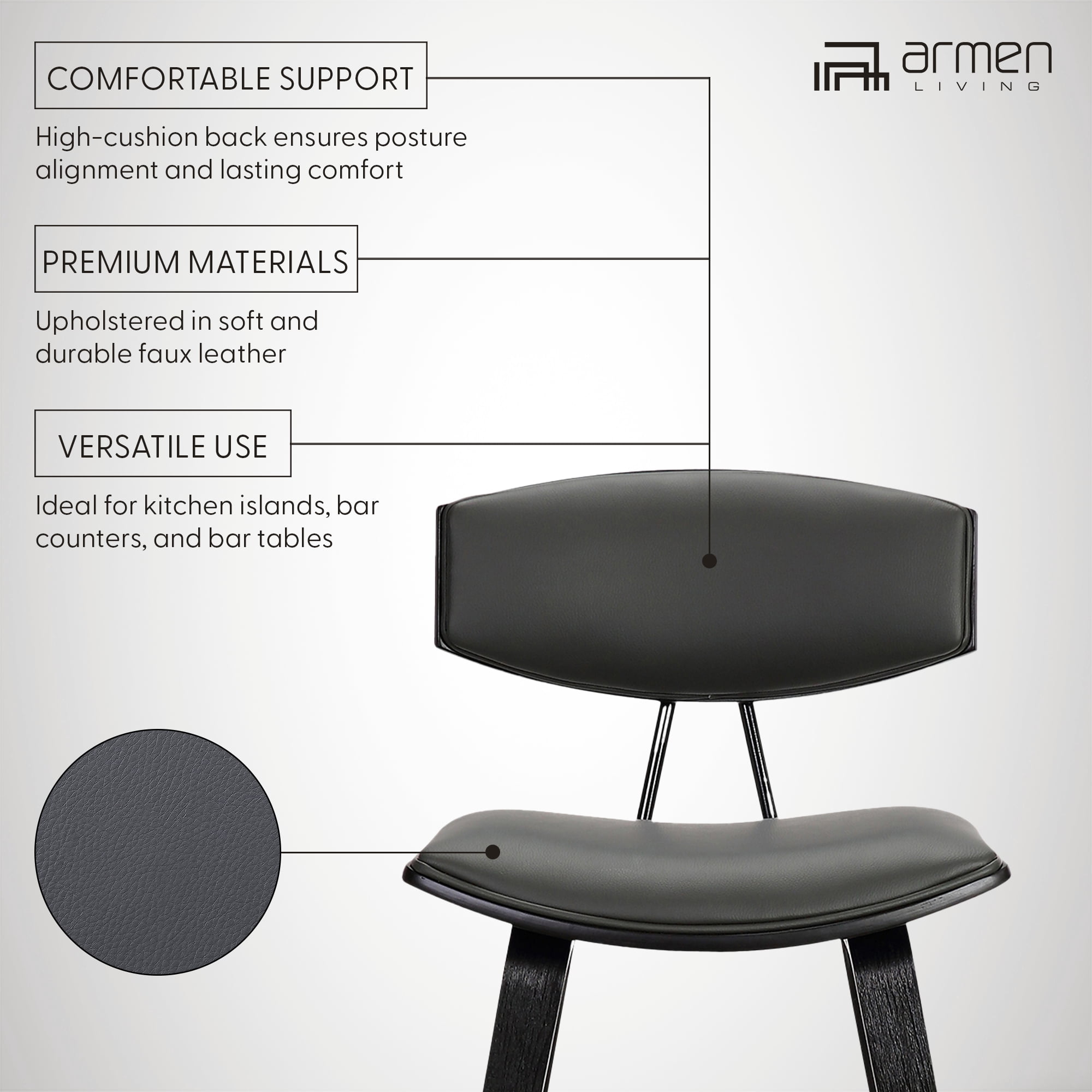 Fox 28.5" Bar Height Gray Faux Leather and Black Wood Mid-Century Modern Bar Stool - Set of 3
