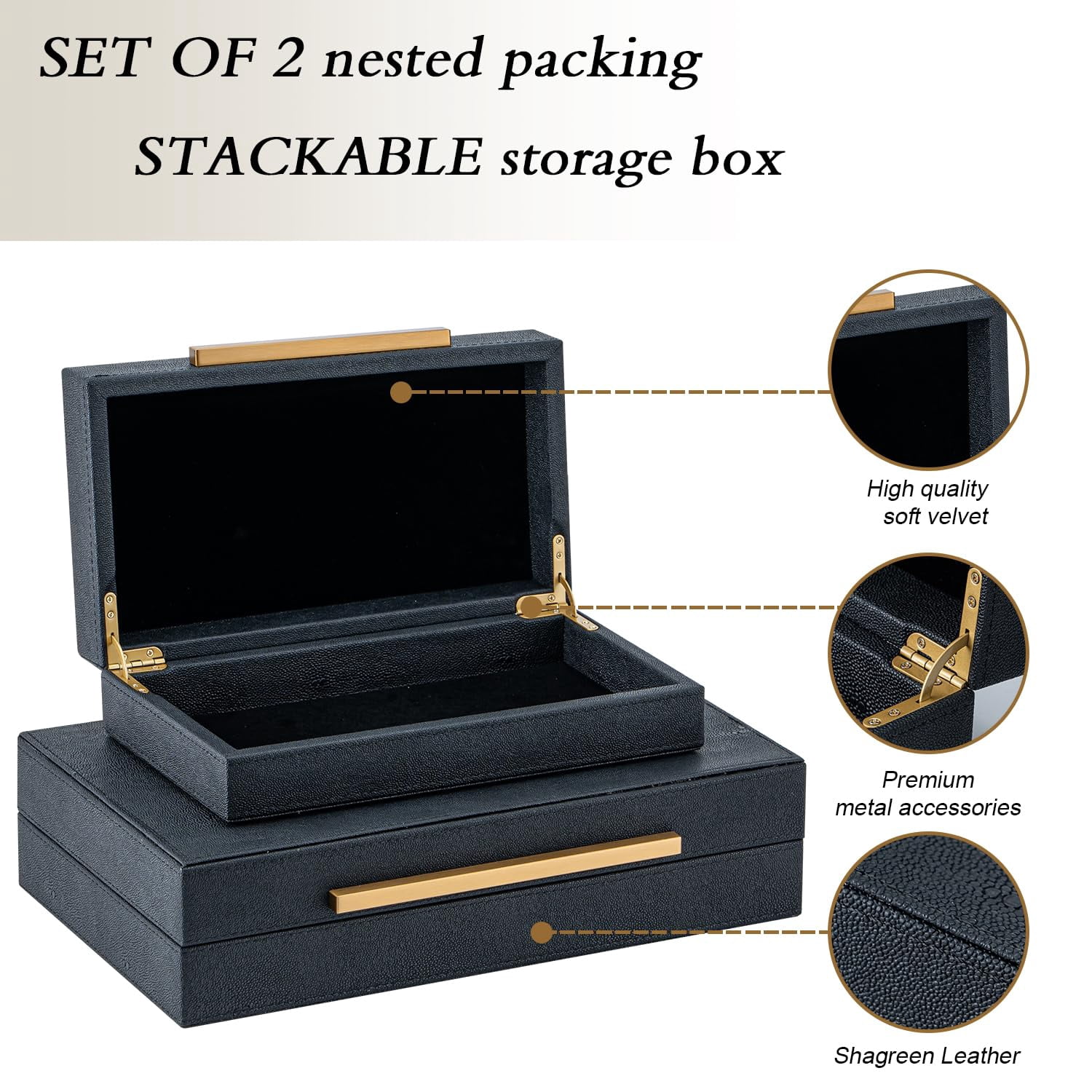 Set Of 2 Black Shagreen Storage Boxes With Metal Handles - Faux Leather Organizer  Nesting Decorative Box For Photos Memory Keepsake Home & Office Decor