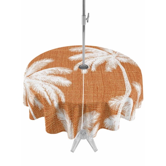 Outdoor Tablecloth with Umbrella Hole Zipper Burnt Orange Palm Trees Round Tablecloth 60" Waterproof Outside Table Cloth Farmhouse Tropical Summer Beach Patio Table Cover Tablecloths for Picnic Party