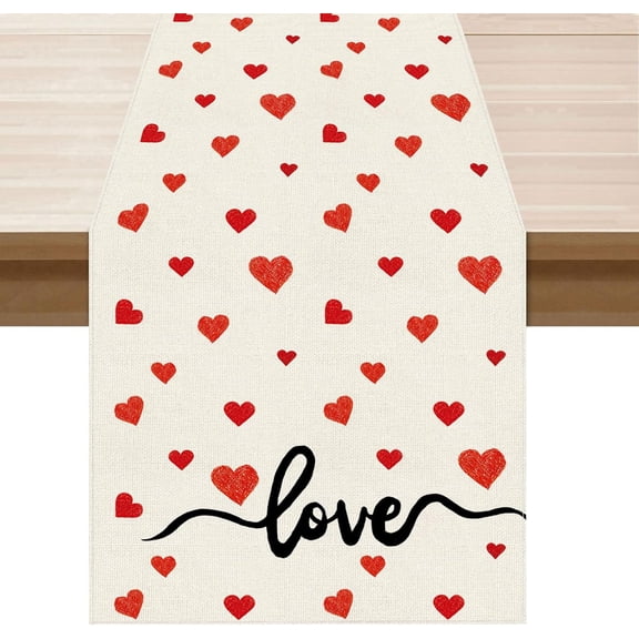 Romantic Valentines Day Painted Red Love Hearts Cloth Table Runner Burlap Table Decoration for Home Kitchen Dining Dinner Indoor Holiday Farmhouse Decor 13x36 Inch