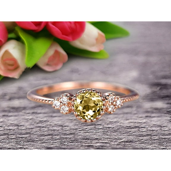10k Rose Gold 1.50 Carat 6mm Round Cut Champagne Diamond Moissanite Engagement Ring Anniversary Gift Art Deco