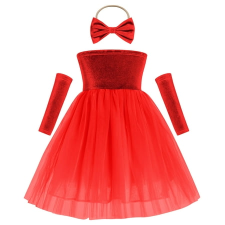 

IDOPIP Toddler Baby Girls Fall Winter Christmas Velvet Dress Strapless Mesh Dress with Headband and Armbands 80 Red