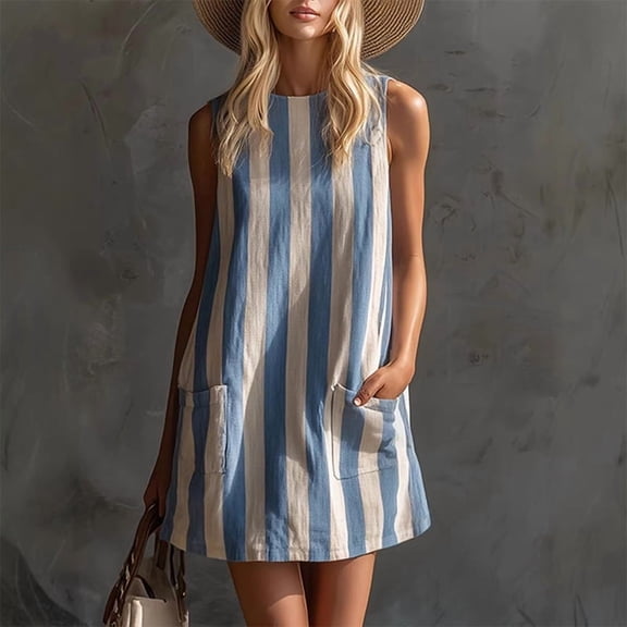 Morttic Women's Retro Striped Sleeveless A-Line Mini Dress with Pockets – Crew Neck Casual Summer Vacation & Play Outfit Blue,S