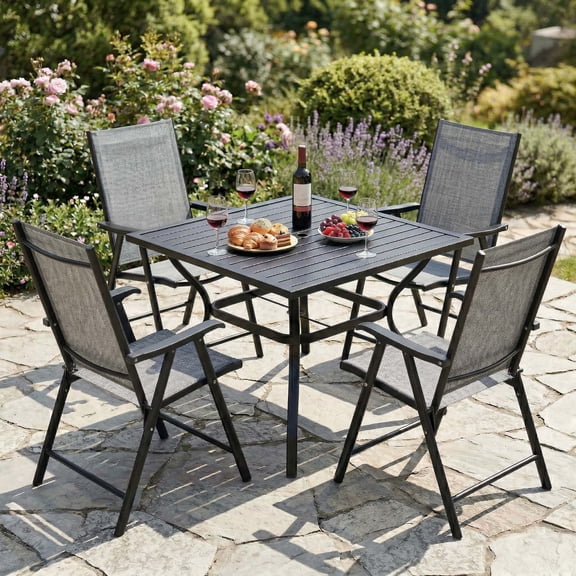 Outdoor Dining Table Set Square Black Metal Table with 4 Folding Chairs,Rust-Resistant Steel,Umbrella Hole,Patio Set for Backyard Balcony Camping