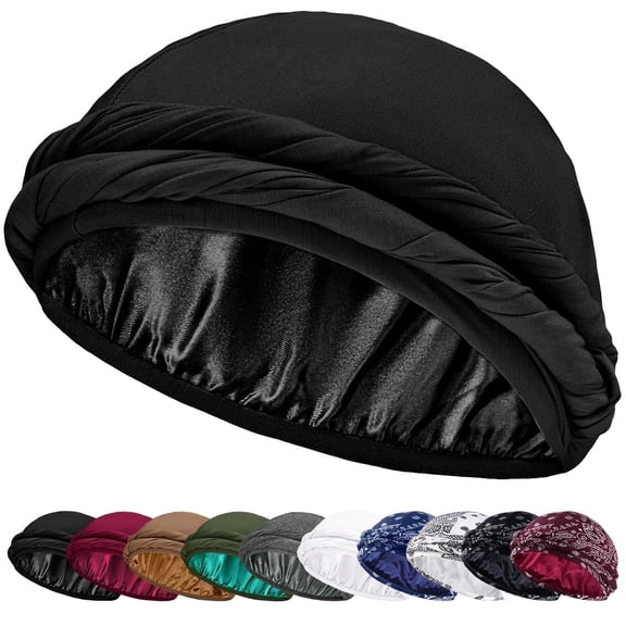Ababalaya Satin Lined Halo Turban Durag for Men & Women Sleeping Bonnet Pre-Tied Headwraps for Hair Loss(Black)