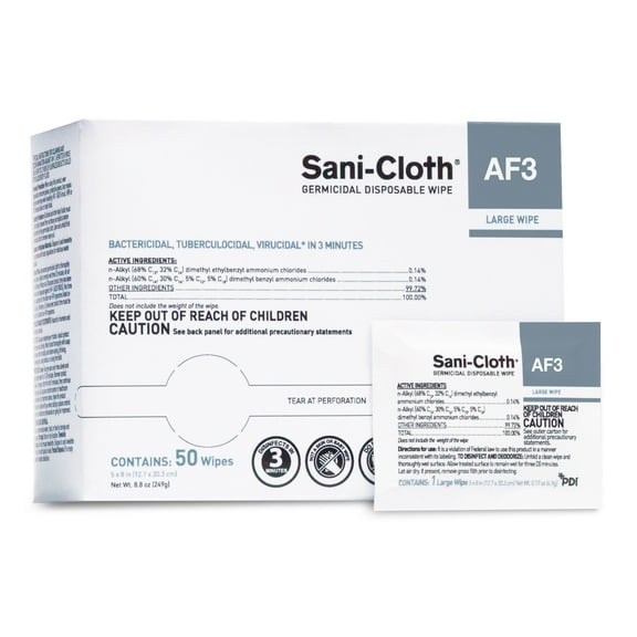 Sani-Cloth AF3 Germicidal Wipes, Surface Disinfectant, 5 in x 8 in, 50 Wipes, 10 Packs, 500 Total