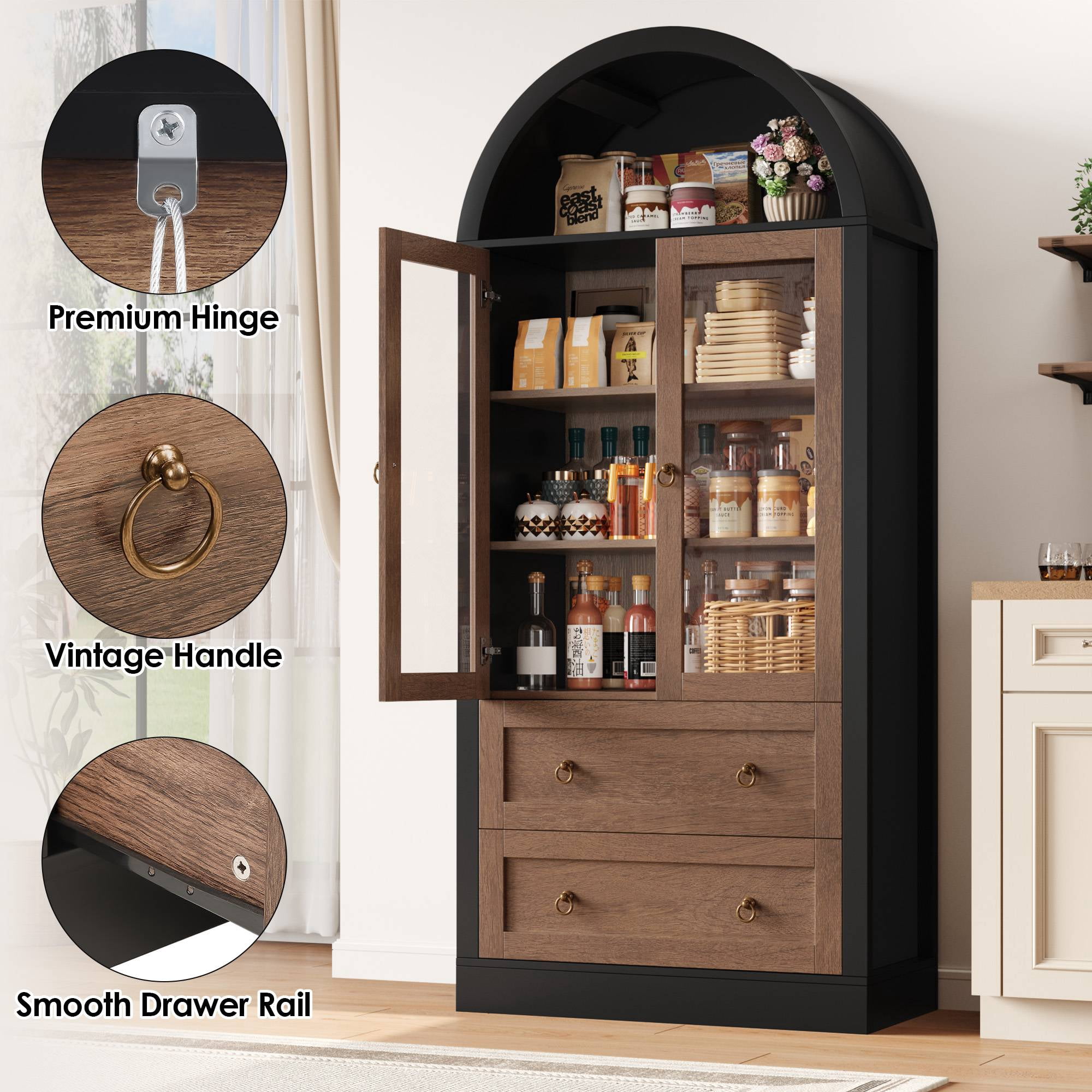 Hiphuta 70" Tall Arched Kitchen Pantry Storage Cabinet with Glass Doors, Freestanding Modern Farmhouse Hutch Cupboard with 2 Large Drawers, for Kitchen Dining Room, Black & Oak