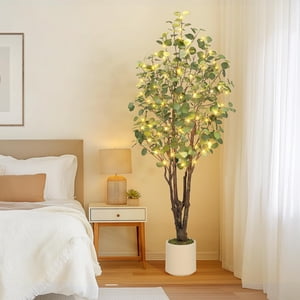 Artificial Eucalyptus Tree 6ft Tall Fake Artificial Plant with White Planter，Large Faux Floor Plant Fake Silk Trees with 50 Lights Artificial Trees for Home Decor Indoor