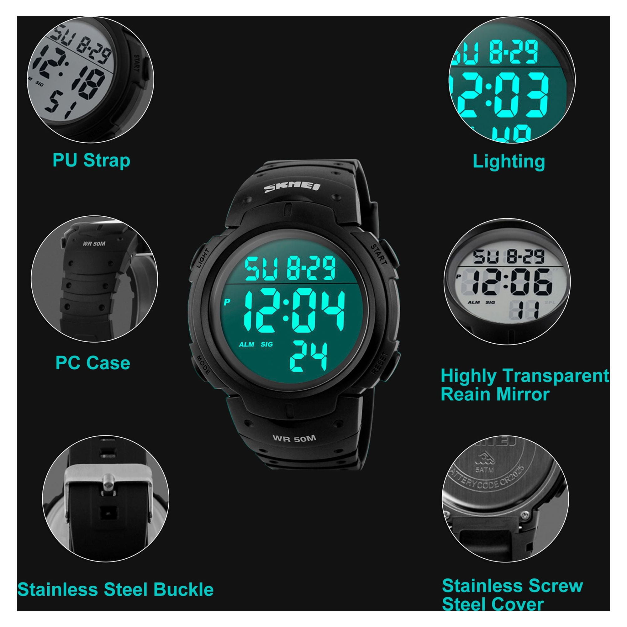 Digital Sports Watch Water Resistant Outdoor Electronic Ultra Thin Waterproof LED Military Back Light Black Men's Wristwatch 1206