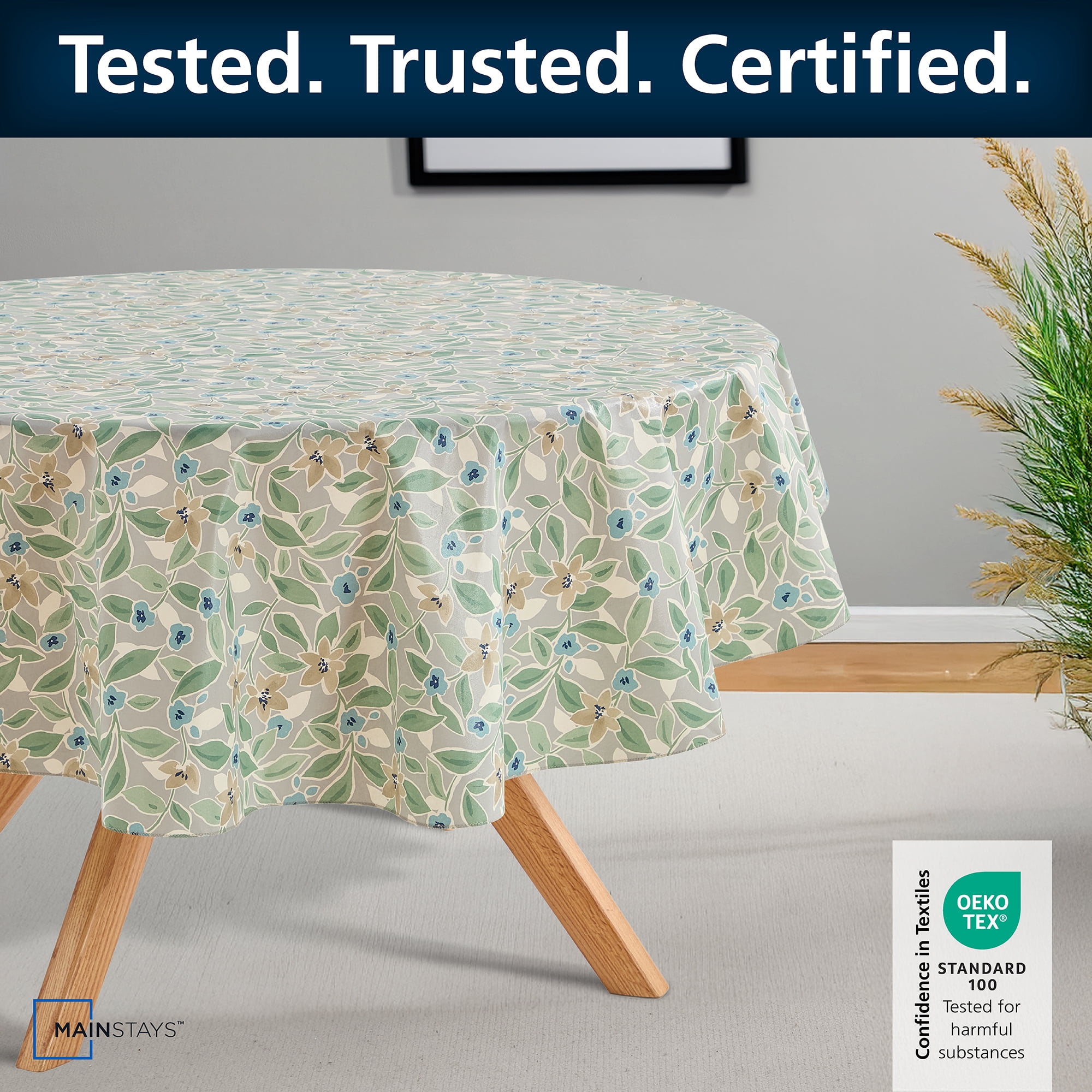 Mainstays PEVA Floral Tablecloth, Indoor & Outdoor Table Decoration 70" Round, Grey Floral