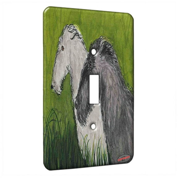 KuzmarK™ Single Gang Toggle Switch Wall Plate - Black and Gray Irish Wolfhound Brace Dog Art by Denise Every