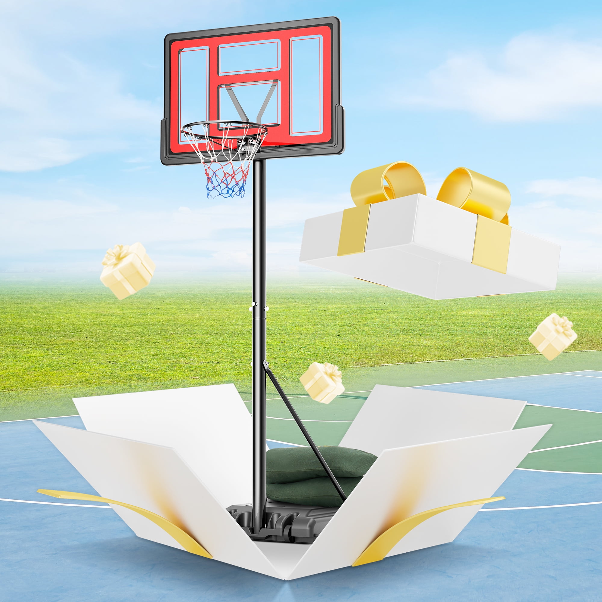 Naipo 44 In Basketball Hoop 7.5 ft -10 ft Adjustable 2 Free Sandbags Orange Portable Basketball Goals Outdoor and Indoor for Youth and Adult