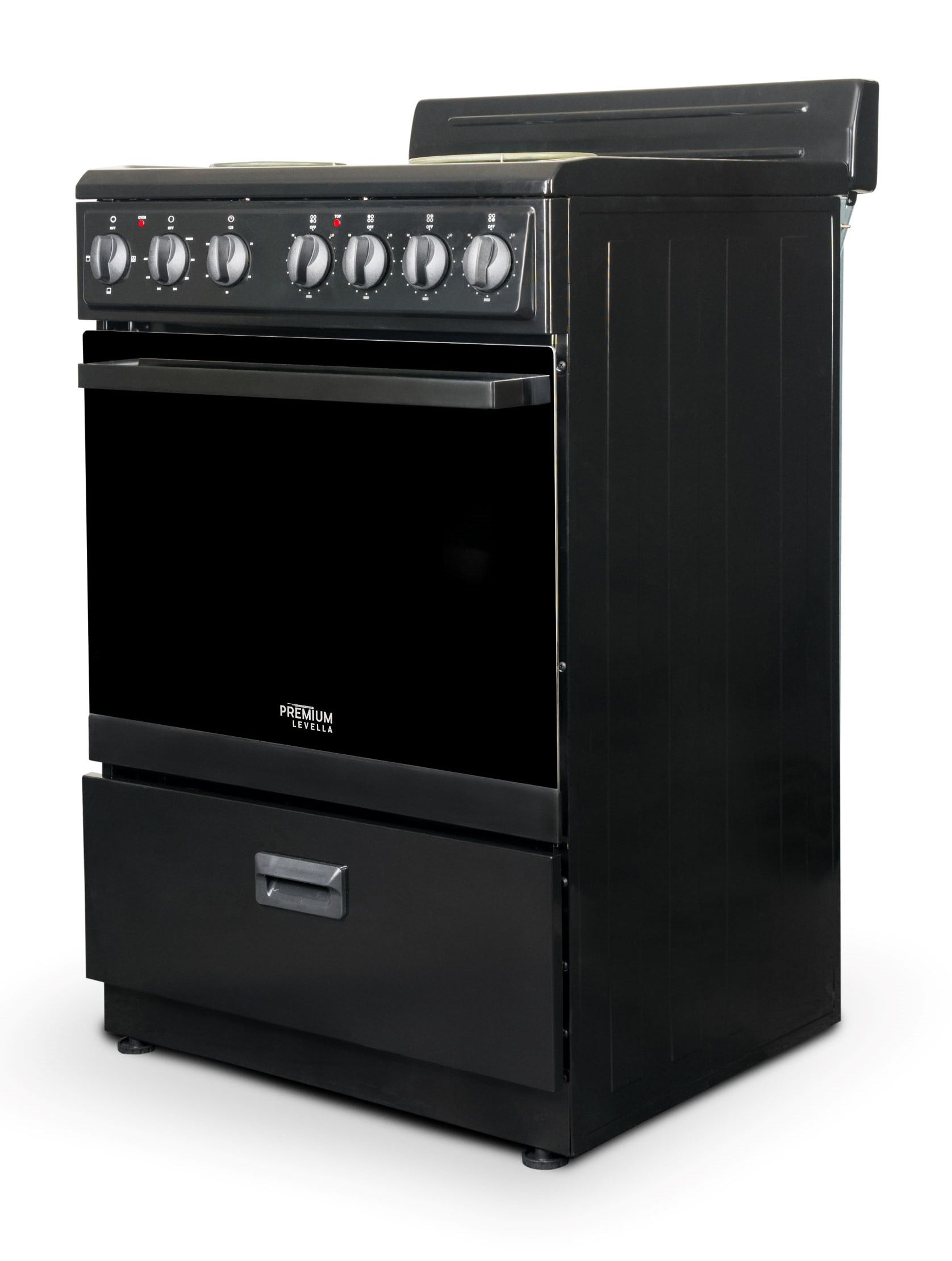 Premium Levella 24 in. 2.7 cu.ft. Single Oven Electric Range with 4 Burners and Storage Drawer in Black