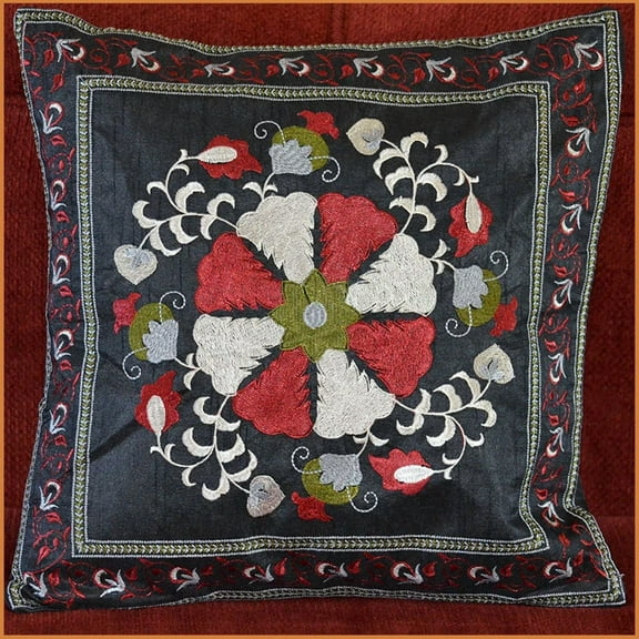 Silk Embroidery Hand Made Black Pillow Cover From India!